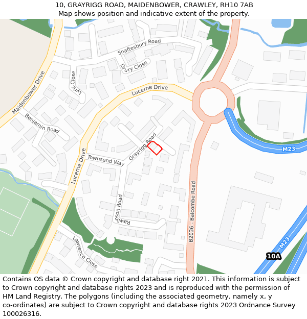 10, GRAYRIGG ROAD, MAIDENBOWER, CRAWLEY, RH10 7AB: Location map and indicative extent of plot