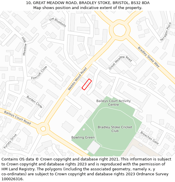 10, GREAT MEADOW ROAD, BRADLEY STOKE, BRISTOL, BS32 8DA: Location map and indicative extent of plot