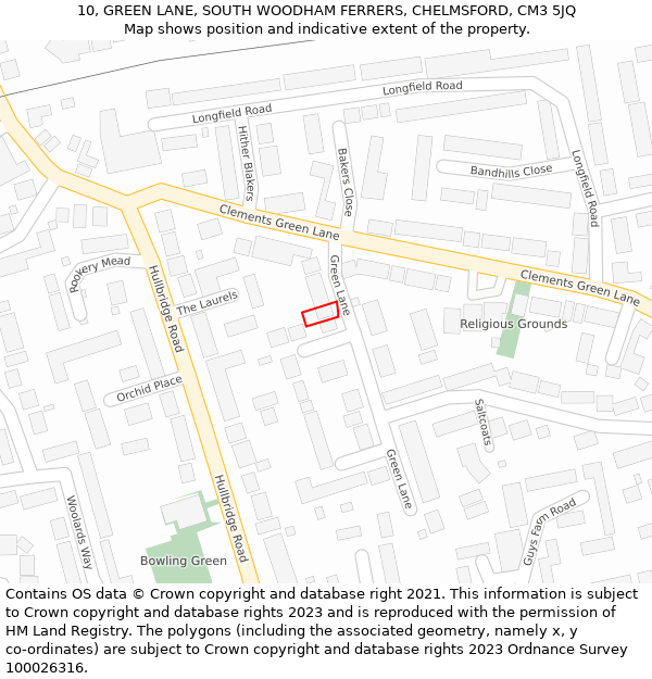 10, GREEN LANE, SOUTH WOODHAM FERRERS, CHELMSFORD, CM3 5JQ: Location map and indicative extent of plot