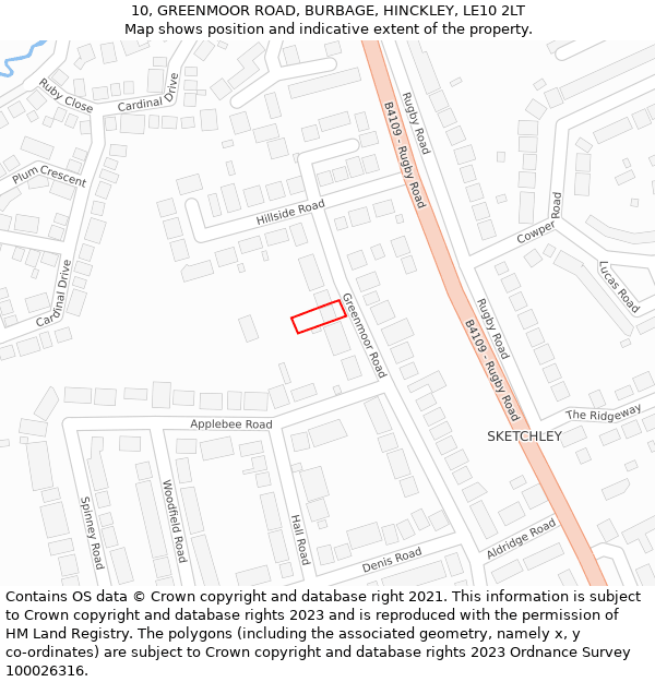 10, GREENMOOR ROAD, BURBAGE, HINCKLEY, LE10 2LT: Location map and indicative extent of plot