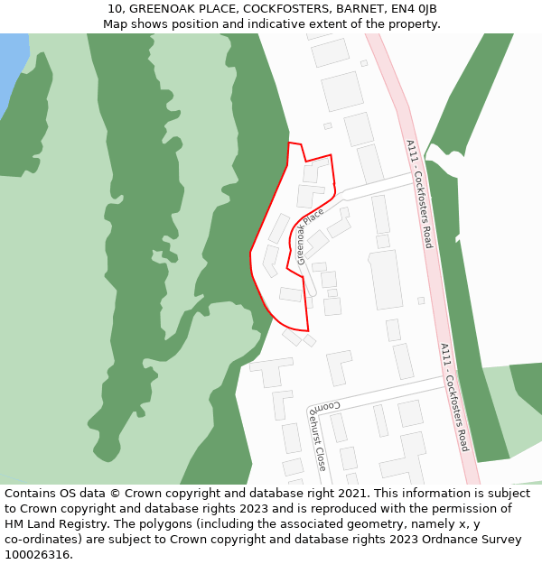 10, GREENOAK PLACE, COCKFOSTERS, BARNET, EN4 0JB: Location map and indicative extent of plot