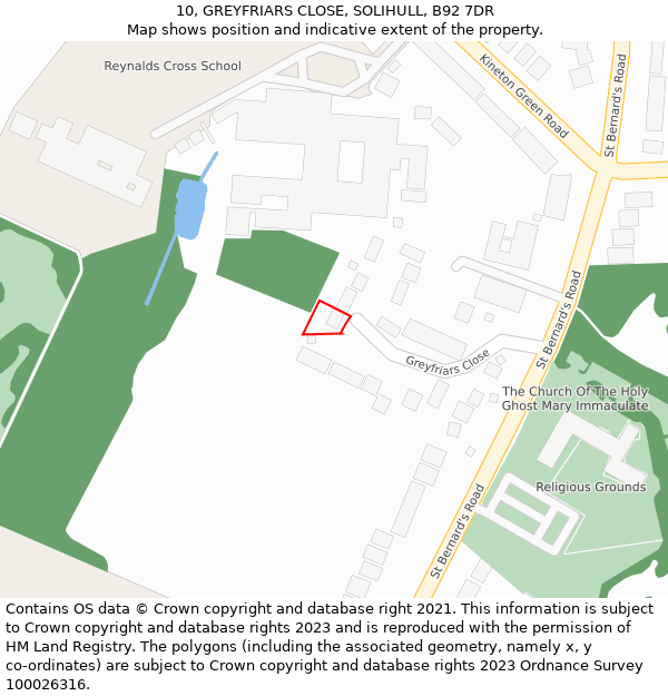 10, GREYFRIARS CLOSE, SOLIHULL, B92 7DR: Location map and indicative extent of plot