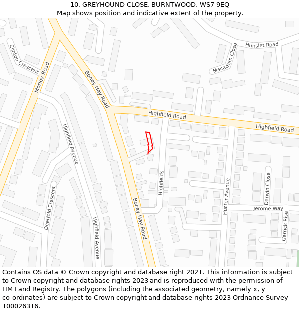 10, GREYHOUND CLOSE, BURNTWOOD, WS7 9EQ: Location map and indicative extent of plot