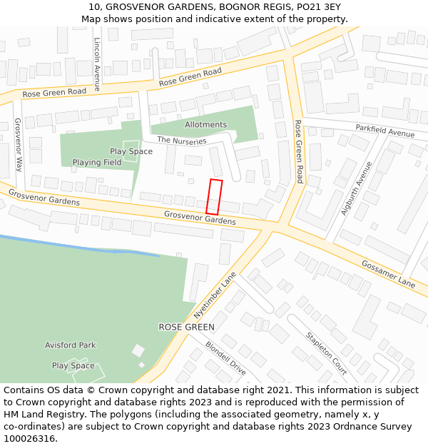 10, GROSVENOR GARDENS, BOGNOR REGIS, PO21 3EY: Location map and indicative extent of plot