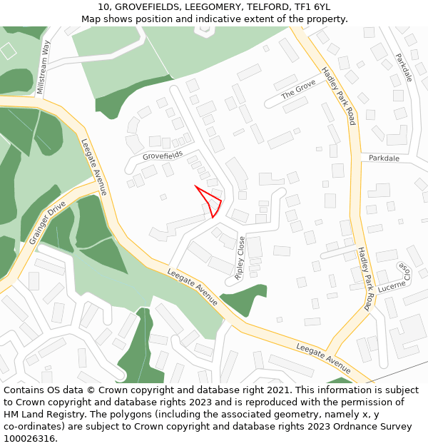 10, GROVEFIELDS, LEEGOMERY, TELFORD, TF1 6YL: Location map and indicative extent of plot