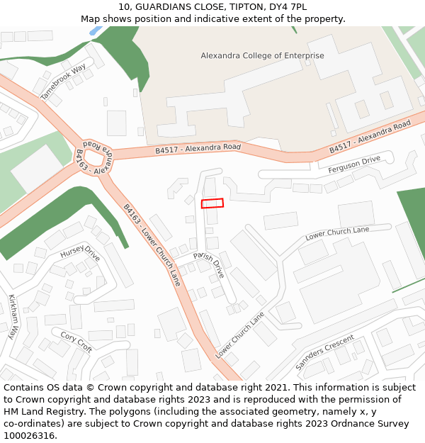 10, GUARDIANS CLOSE, TIPTON, DY4 7PL: Location map and indicative extent of plot