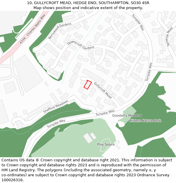 10, GULLYCROFT MEAD, HEDGE END, SOUTHAMPTON, SO30 4SR: Location map and indicative extent of plot