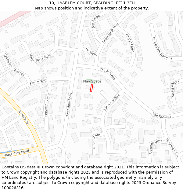 10, HAARLEM COURT, SPALDING, PE11 3EH: Location map and indicative extent of plot