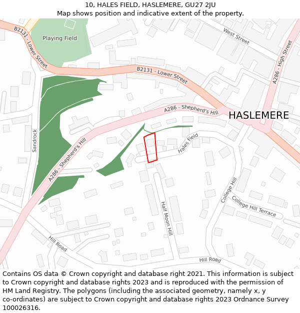 10, HALES FIELD, HASLEMERE, GU27 2JU: Location map and indicative extent of plot