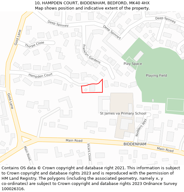 10, HAMPDEN COURT, BIDDENHAM, BEDFORD, MK40 4HX: Location map and indicative extent of plot