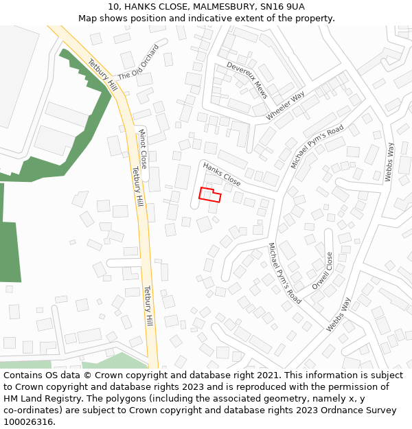 10, HANKS CLOSE, MALMESBURY, SN16 9UA: Location map and indicative extent of plot