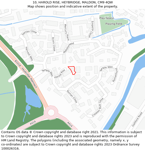 10, HAROLD RISE, HEYBRIDGE, MALDON, CM9 4QW: Location map and indicative extent of plot