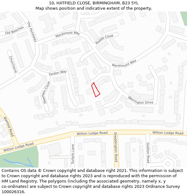 10, HATFIELD CLOSE, BIRMINGHAM, B23 5YL: Location map and indicative extent of plot