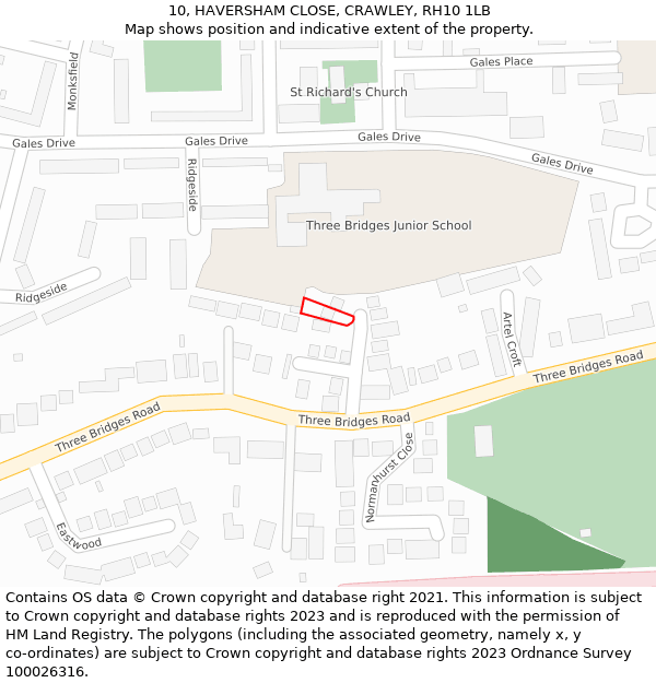 10, HAVERSHAM CLOSE, CRAWLEY, RH10 1LB: Location map and indicative extent of plot