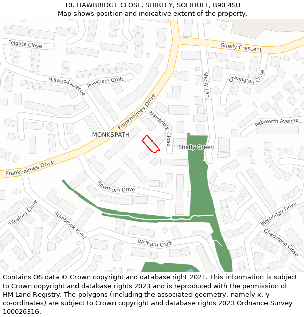 10, HAWBRIDGE CLOSE, SHIRLEY, SOLIHULL, B90 4SU: Location map and indicative extent of plot