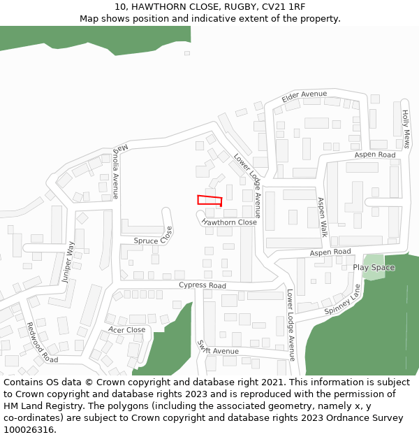 10, HAWTHORN CLOSE, RUGBY, CV21 1RF: Location map and indicative extent of plot