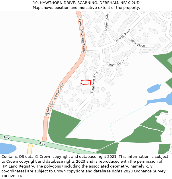 10, HAWTHORN DRIVE, SCARNING, DEREHAM, NR19 2UD: Location map and indicative extent of plot