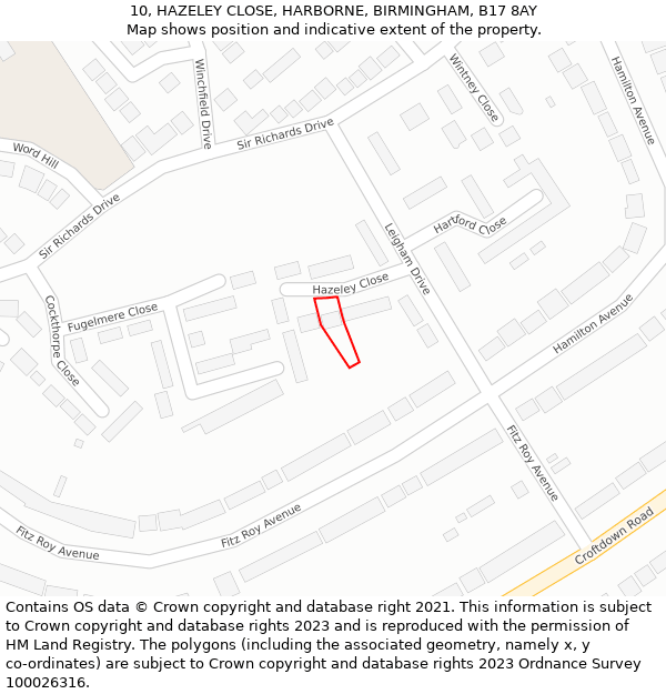 10, HAZELEY CLOSE, HARBORNE, BIRMINGHAM, B17 8AY: Location map and indicative extent of plot