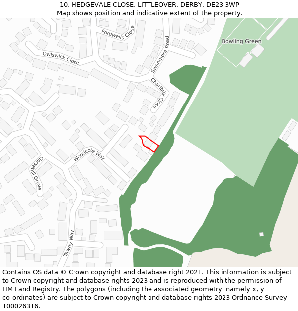 10, HEDGEVALE CLOSE, LITTLEOVER, DERBY, DE23 3WP: Location map and indicative extent of plot