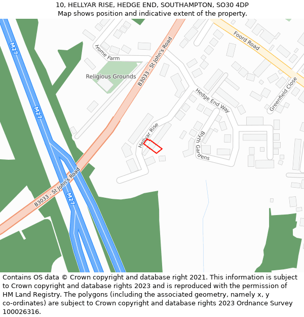 10, HELLYAR RISE, HEDGE END, SOUTHAMPTON, SO30 4DP: Location map and indicative extent of plot