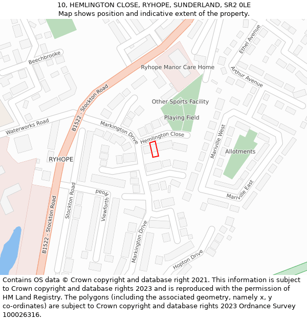 10, HEMLINGTON CLOSE, RYHOPE, SUNDERLAND, SR2 0LE: Location map and indicative extent of plot