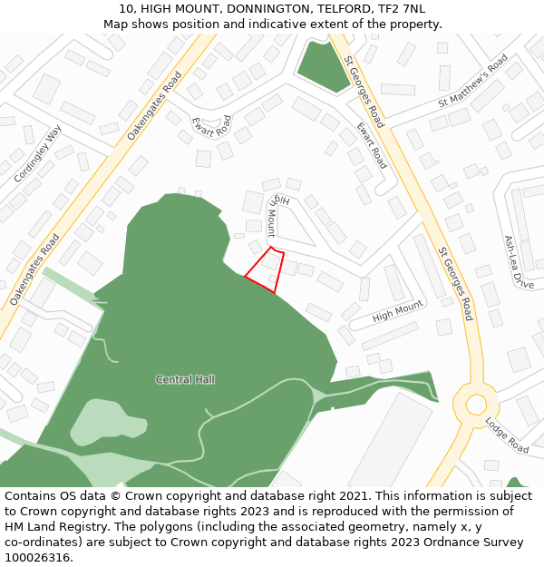 10, HIGH MOUNT, DONNINGTON, TELFORD, TF2 7NL: Location map and indicative extent of plot