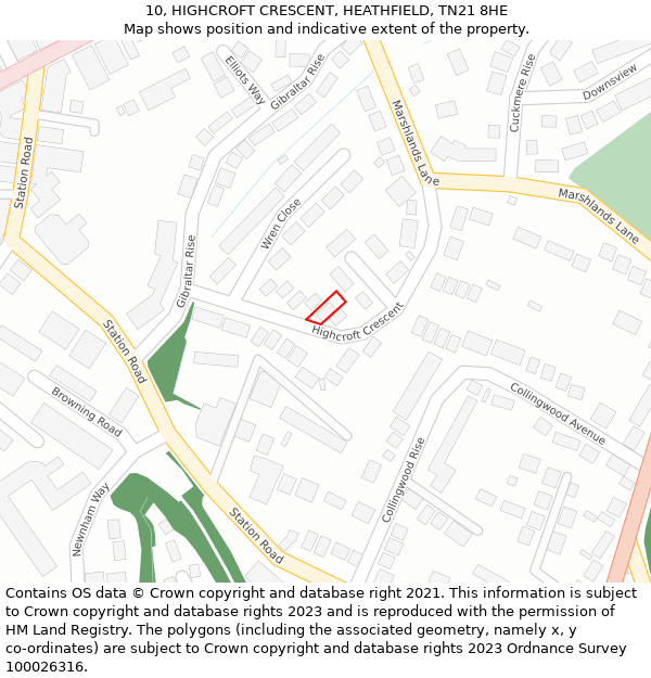 10, HIGHCROFT CRESCENT, HEATHFIELD, TN21 8HE: Location map and indicative extent of plot