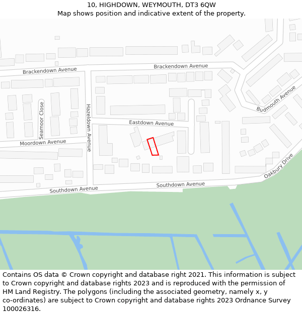 10, HIGHDOWN, WEYMOUTH, DT3 6QW: Location map and indicative extent of plot