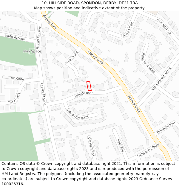 10, HILLSIDE ROAD, SPONDON, DERBY, DE21 7RA: Location map and indicative extent of plot