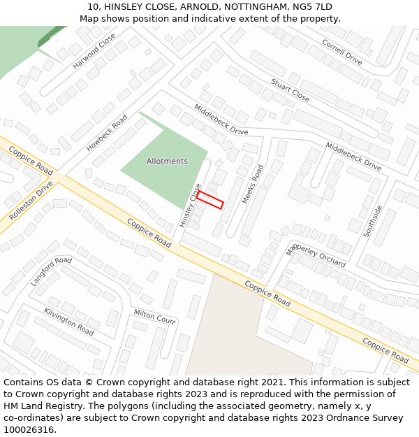 10, HINSLEY CLOSE, ARNOLD, NOTTINGHAM, NG5 7LD: Location map and indicative extent of plot