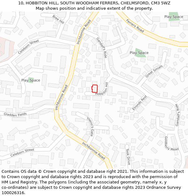 10, HOBBITON HILL, SOUTH WOODHAM FERRERS, CHELMSFORD, CM3 5WZ: Location map and indicative extent of plot