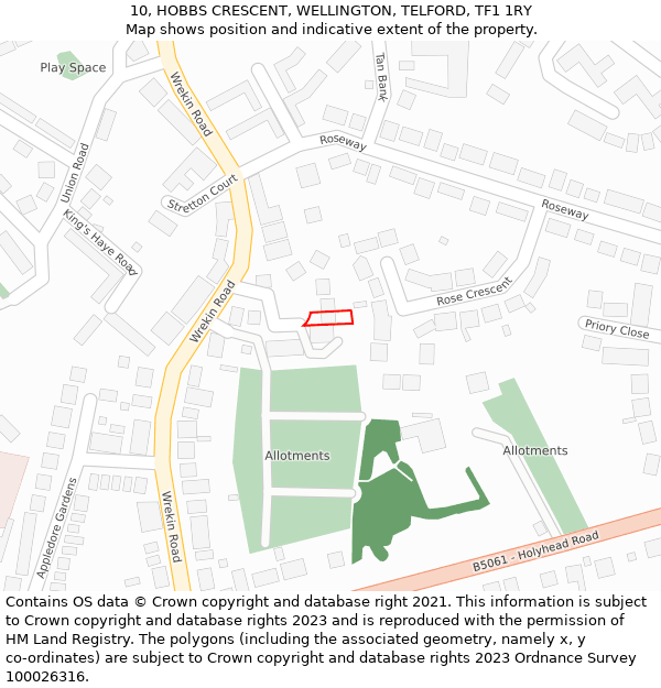 10, HOBBS CRESCENT, WELLINGTON, TELFORD, TF1 1RY: Location map and indicative extent of plot