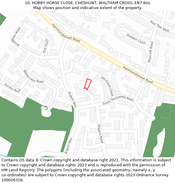 10, HOBBY HORSE CLOSE, CHESHUNT, WALTHAM CROSS, EN7 6UL: Location map and indicative extent of plot