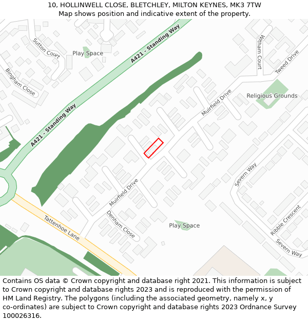 10, HOLLINWELL CLOSE, BLETCHLEY, MILTON KEYNES, MK3 7TW: Location map and indicative extent of plot