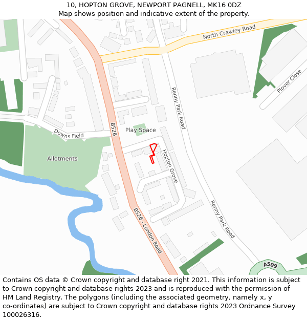 10, HOPTON GROVE, NEWPORT PAGNELL, MK16 0DZ: Location map and indicative extent of plot