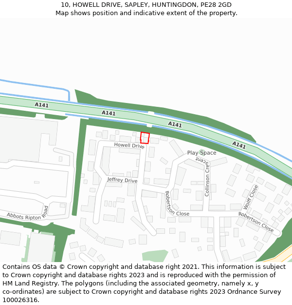 10, HOWELL DRIVE, SAPLEY, HUNTINGDON, PE28 2GD: Location map and indicative extent of plot