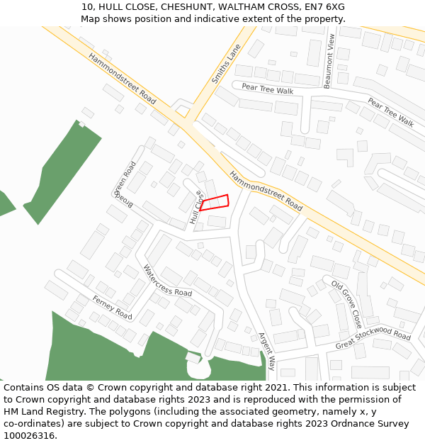 10, HULL CLOSE, CHESHUNT, WALTHAM CROSS, EN7 6XG: Location map and indicative extent of plot