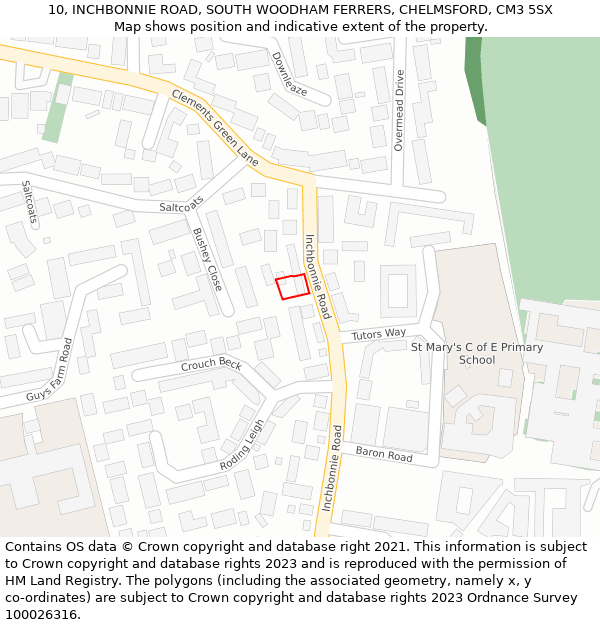 10, INCHBONNIE ROAD, SOUTH WOODHAM FERRERS, CHELMSFORD, CM3 5SX: Location map and indicative extent of plot