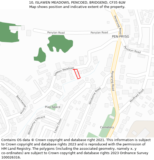 10, ISLAWEN MEADOWS, PENCOED, BRIDGEND, CF35 6LW: Location map and indicative extent of plot