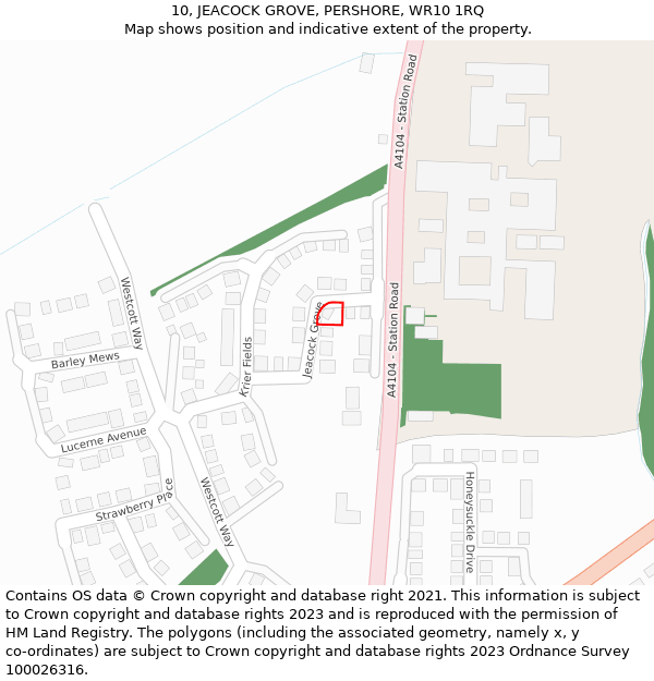 10, JEACOCK GROVE, PERSHORE, WR10 1RQ: Location map and indicative extent of plot