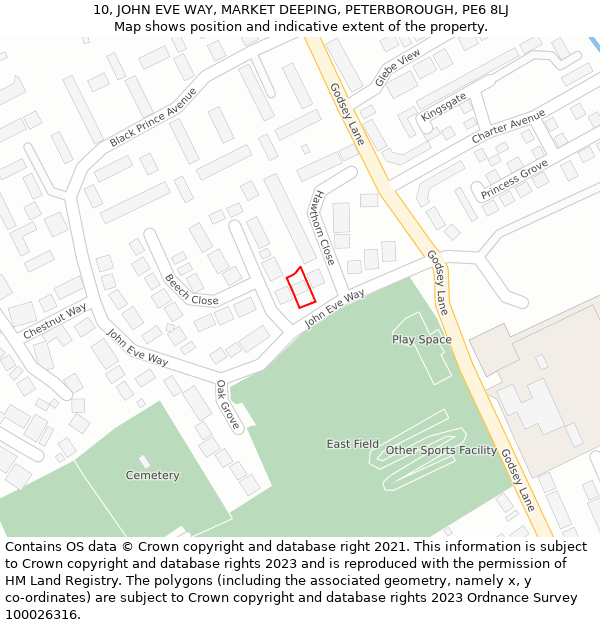 10, JOHN EVE WAY, MARKET DEEPING, PETERBOROUGH, PE6 8LJ: Location map and indicative extent of plot