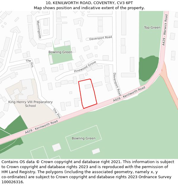 10, KENILWORTH ROAD, COVENTRY, CV3 6PT: Location map and indicative extent of plot