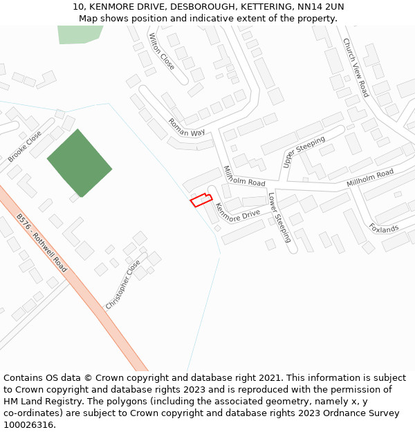 10, KENMORE DRIVE, DESBOROUGH, KETTERING, NN14 2UN: Location map and indicative extent of plot