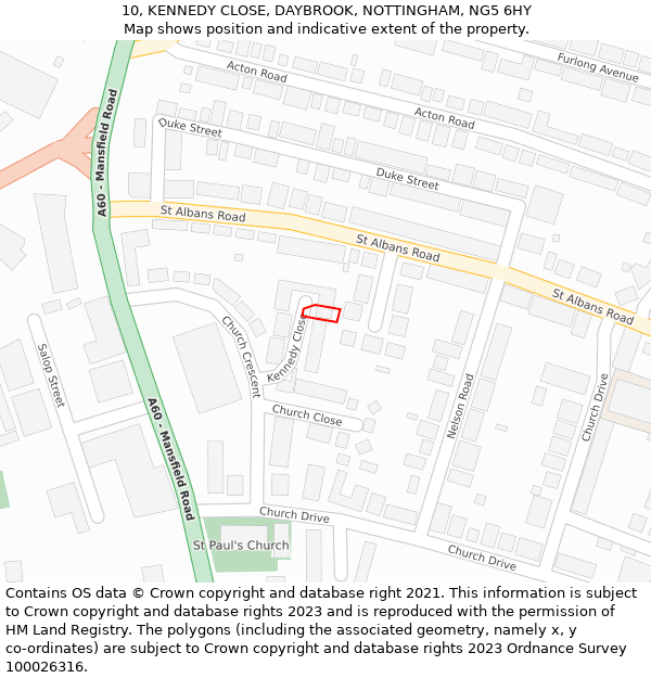 10, KENNEDY CLOSE, DAYBROOK, NOTTINGHAM, NG5 6HY: Location map and indicative extent of plot