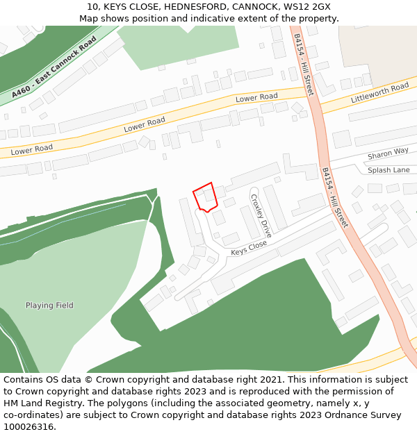 10, KEYS CLOSE, HEDNESFORD, CANNOCK, WS12 2GX: Location map and indicative extent of plot