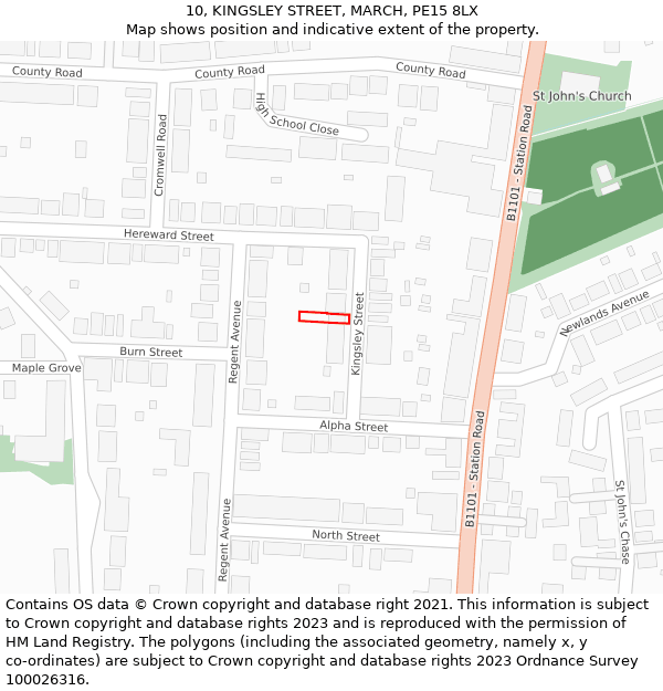 10, KINGSLEY STREET, MARCH, PE15 8LX: Location map and indicative extent of plot