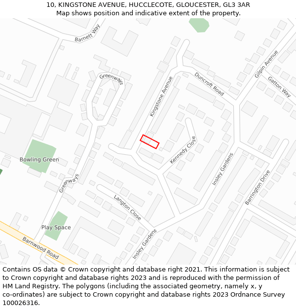 10, KINGSTONE AVENUE, HUCCLECOTE, GLOUCESTER, GL3 3AR: Location map and indicative extent of plot