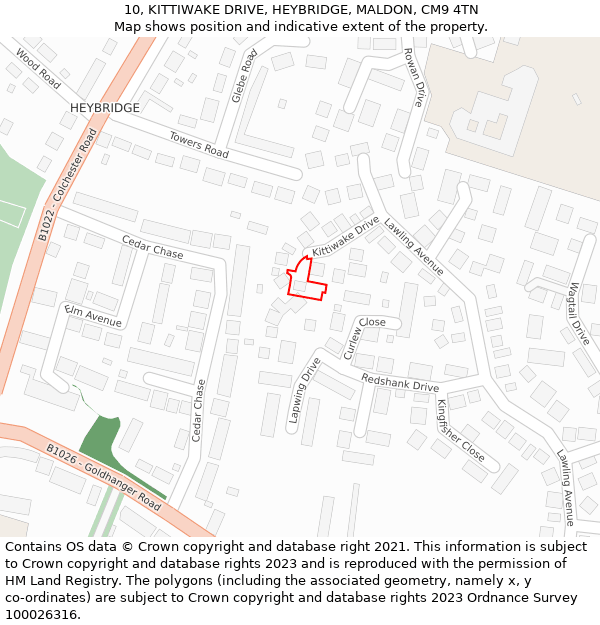 10, KITTIWAKE DRIVE, HEYBRIDGE, MALDON, CM9 4TN: Location map and indicative extent of plot