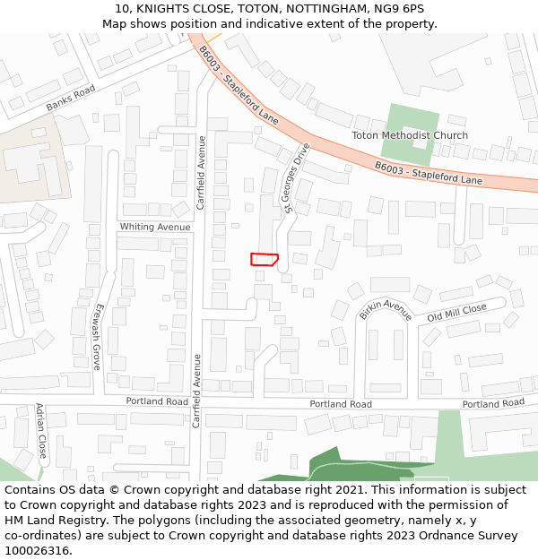 10, KNIGHTS CLOSE, TOTON, NOTTINGHAM, NG9 6PS: Location map and indicative extent of plot