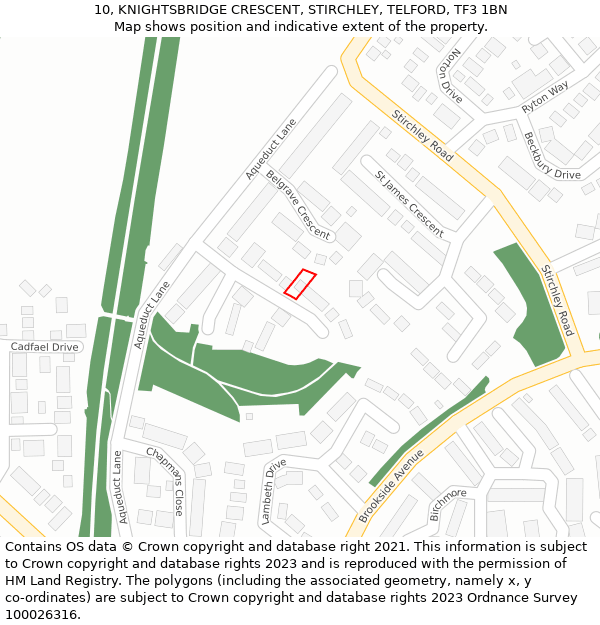 10, KNIGHTSBRIDGE CRESCENT, STIRCHLEY, TELFORD, TF3 1BN: Location map and indicative extent of plot